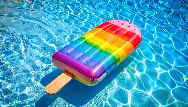 Rainbow popsicle pool float floating in clear blue water