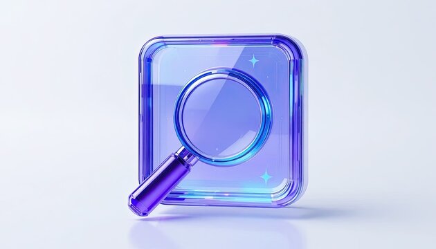A purple 3d square icon with a magnifying glass leaning on it, symbolizing search and investigation on a light blue background