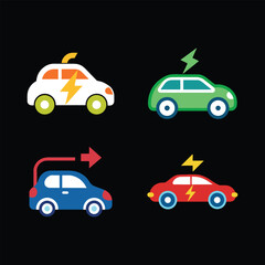 Naklejka premium Colorful flat design electric and hybrid cars with lightning bolts and charging symbol