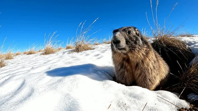 Alpine marmot emerging from burrow in snowy mountain landscape during early spring rodent wildlife nature