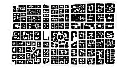 Aerial view of a city block plan with geometric shapes and streets. © Sandir