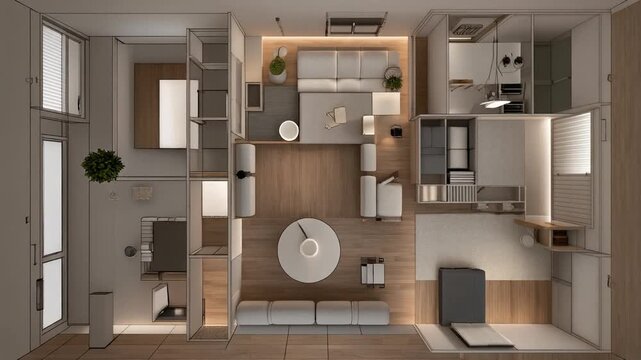 Modern minimalist open concept studio apartment from an overhead view. Ideal for interior design inspiration, real estate listings, and lifestyle content.