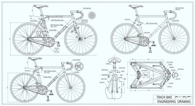 Detailed technical blueprint of a bicycle with multiple views.