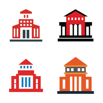 Colorful illustrations of various building icons with columns and roofs in different architectural styles and colors  buildings with flat tops and pitched roofs