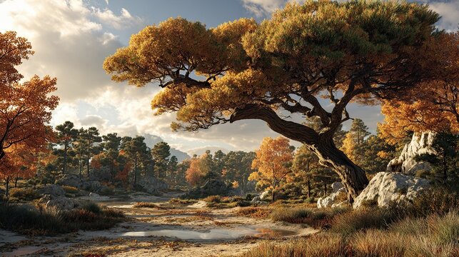 Italian Stone Pine - Dramatic Autumn Storm Landscape Green