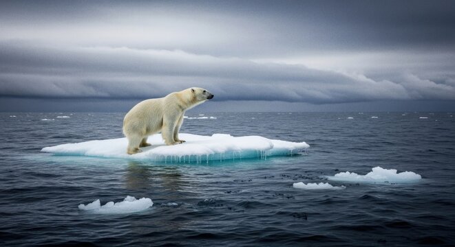 Polar Bear on Ice: A solitary polar bear stands on a shrinking ice floe, adrift in a vast, icy sea under a foreboding sky, symbolizing the fragility of Arctic ecosystems.