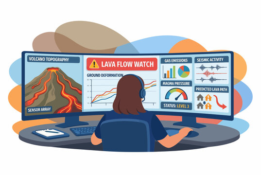 Dispatcher Monitoring Volcano Activity and Lava Flow on Screens