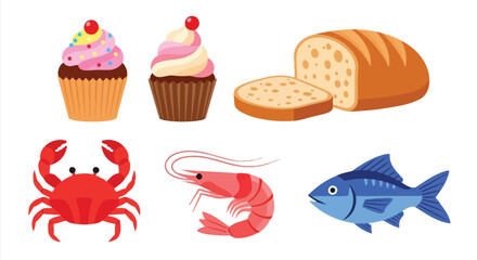 Fototapeta premium Assorted food items including desserts bread seafood and crustaceans