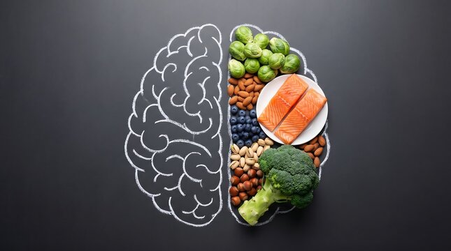 Human brain outline drawn on chalkboard filled with healthy brain food ingredients like salmon nuts and vegetables to illustrate connection between diet and mental performance health