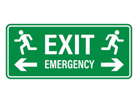 A green rectangular emergency exit sign with dynamic running figures indicating directions for evacuation.