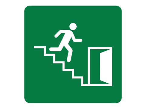 An emergency exit sign with a person running down stairs to a door.