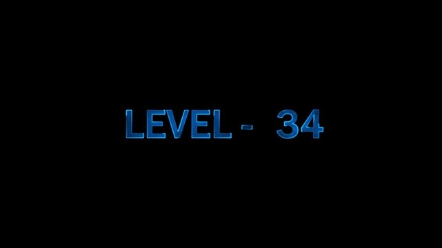 Level 34 glowing blue neon futuristic text appears and fades on black background digital game concept transition screen animation.