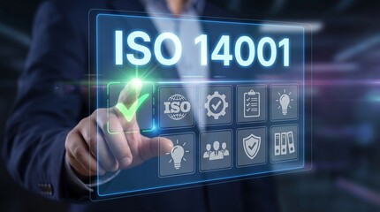Fototapeta premium Professional businessman interacting with ISO 14001 environmental management system digital interface for sustainable business practices and corporate social responsibility certification