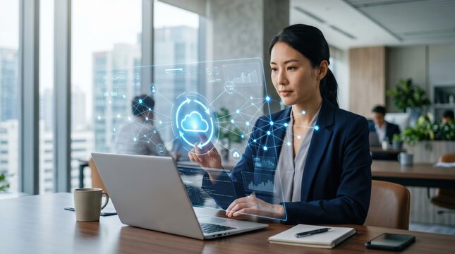 Focused businesswoman working on laptop in office with futuristic digital cloud technology interface overlay signifying data management and connectivity in a corporate environment for global