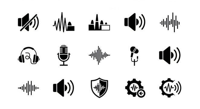 Collection of audio and sound icons and symbols.