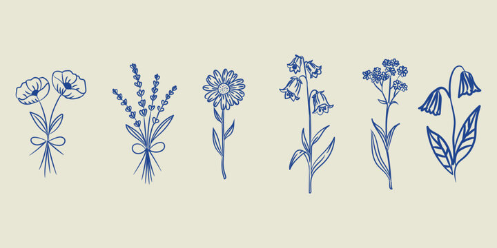 Wildflower set naive doodle vector illustration hand drawn floral collection simple botanical outline design