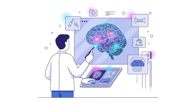 Illustration of a man interacting with a digital brain interface on a computer screen with various icons and graphics.
