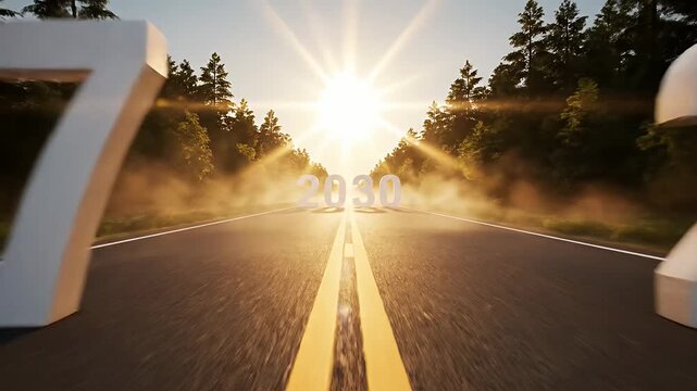 Asphalt road leading towards the year 2028 at sunrise
