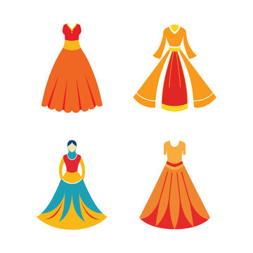 Four colorful dresses with different designs and patterns  traditional clothing  fashion  dresses  various styles  colorful outfits