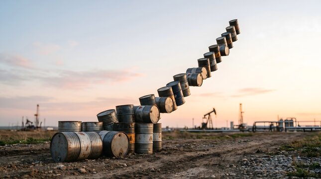 Precarious balancing stack of old oil barrels reaching into the sky with pumpjacks in background