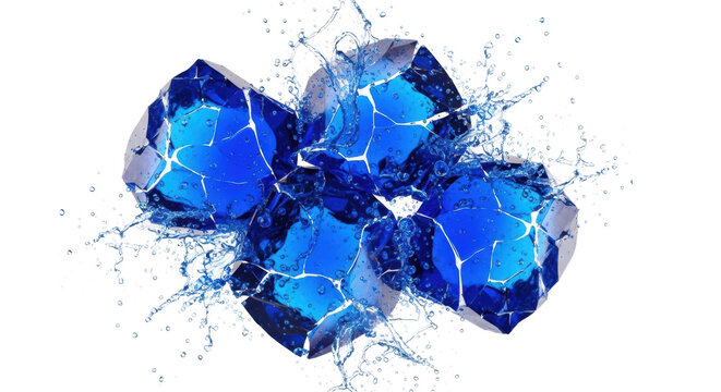 large, irregularly shattered crystalline sapphire blue chunks exploding violently, surrounded by fine blue mist and liquid particles against a transparent background. concept for commercial flavor