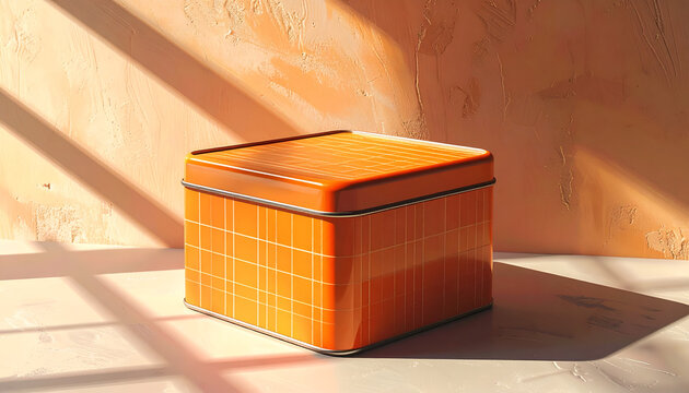 Vintage orange tin storage box container.