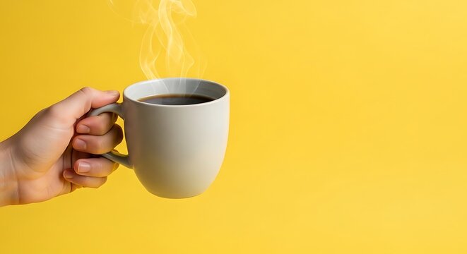 Hand holding a steaming cup of hot coffee against a bright yellow background