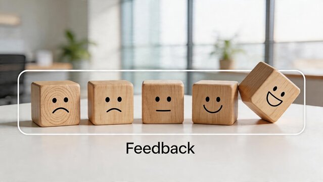 Business customer satisfaction concept wooden cubes with facial expressions in office feedback rating scale from negative to positive emotions user experience quality check
