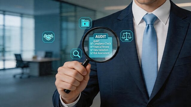 Businessman holding magnifying glass auditing process in modern office checking compliance financial review data validation risk assessment corporate governance accounting