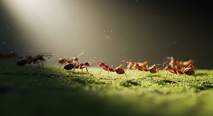 Fototapeta premium Red Ants Marching in a Line on Grass.