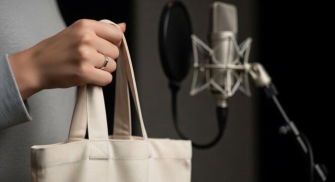 Hand Holding Canvas Tote Bag in Professional Recording Studio with Microphone