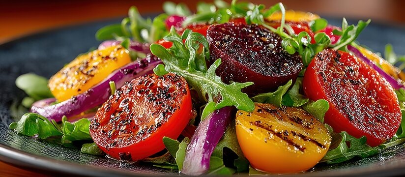 Grilled tomato and beet salad with arugula and red onion on a plate