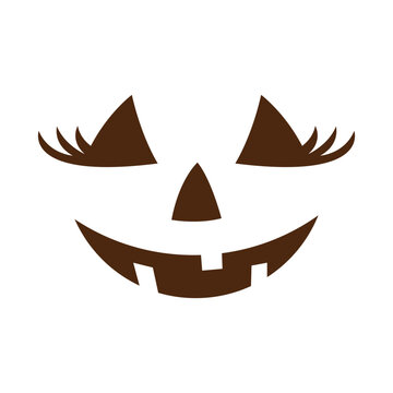 Cute jack o lantern girl face with eyelashes, smiling Halloween pumpkin illustration in flat style
