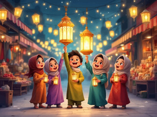 Fototapeta premium Children in traditional attire holding lanterns in a vibrant market at night