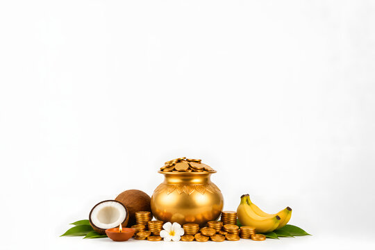Akshaya Tritiya still life, small golden pot and coins at bottom, large empty space above, white background, soft shadow, minimal composition, commercial banner style, no text.
