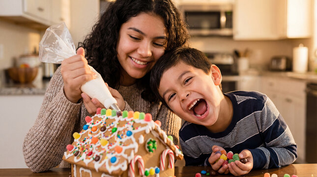 World Baking Day siblings decorating gingerbread house joyful boy laughing family celebration promotional marketing content