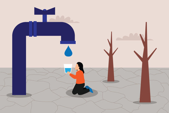 Woman Collecting Last Drops of Water from Giant Faucet in Cracked Desert Landscape Representing Global Water Scarcity 2d flat vector illustration