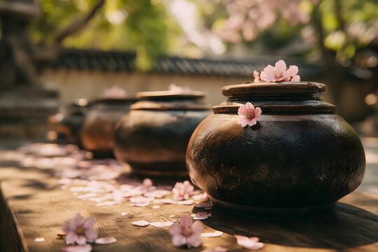 Peaceful Hanok courtyard with sunlit earthenware jars