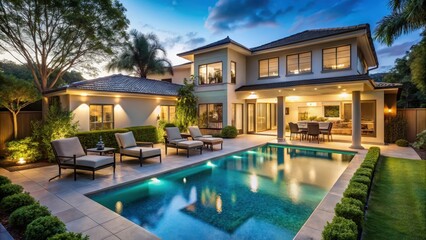 Fototapeta premium A photo of a newly constructed luxury home with an expansive backyard featuring lush greenery, a sparkling swimming pool, and elegant outdoor furnitur