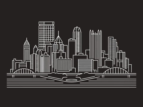 Pittsburgh Pennsylvania Skyline Minimalist White Line Art Vector Illustration on Dark Background