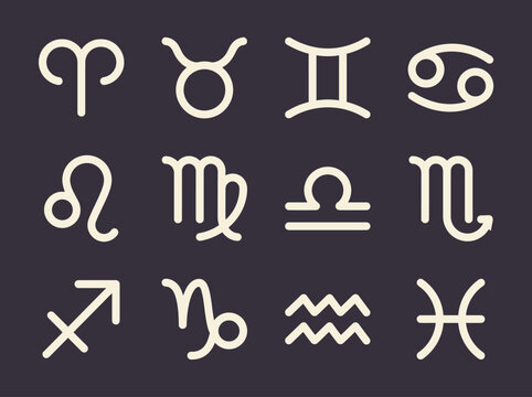 Set of 12 Minimalist Zodiac Signs Icons. Astrology Symbols for Horoscope, Constellation, and Spiritual Branding. Vector Style Graphic on Dark Background.