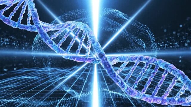 A digital representation of a double helix structure, showcasing the concept of genetic information and scientific research, with a futuristic design
