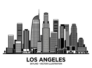 Naklejka premium Los Angeles Skyline Vector Illustration, Minimalist Black and White Cityscape of California's Largest City with Iconic Skyscrapers and Landmarks