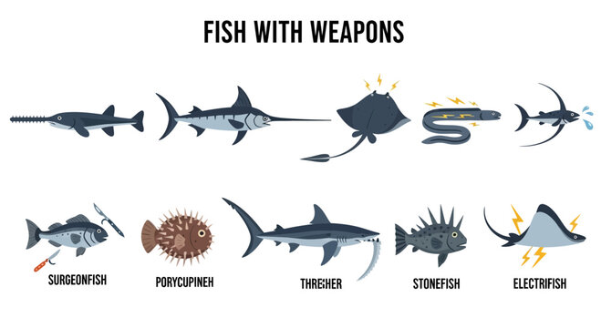 Fish with creative weapon illustrations.