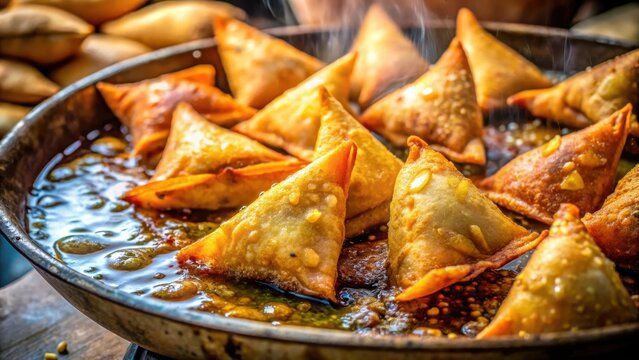 A photo of golden fried samosas sizzling in hot oil at a bustling street food market