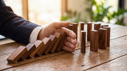 Business professional's hand intervening to halt a row of falling wooden dominoes. © Jonathan