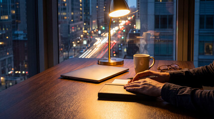 Person's hands writing in a notebook at a desk by a window at night. © Jonathan