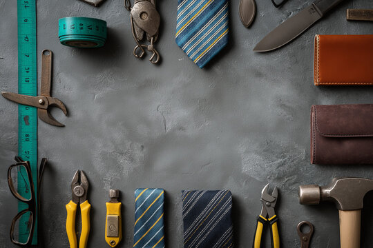 Labor day concept,various tools and men's fashion accessories are laid out on a light gray concrete background, forming a border around an empty central area.