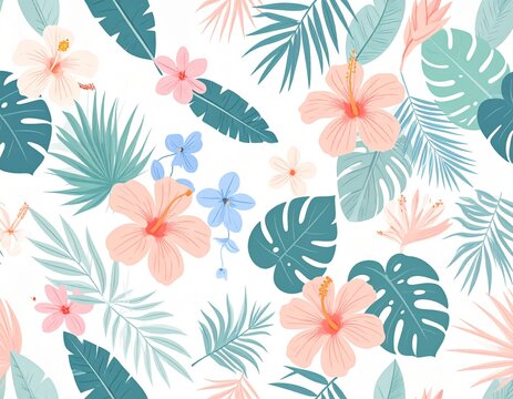 Vibrant tropical floral seamless pattern with hibiscus and palm leaves in soft pastel colors