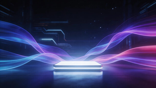 A dramatic 3D scene featuring a glowing square base surrounded by vibrant neon light paths